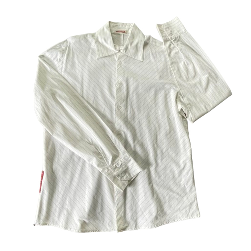Prada LS Button Up Shirt Mens XL White Stripes Red Tab Rayon Spandex Blend Italy